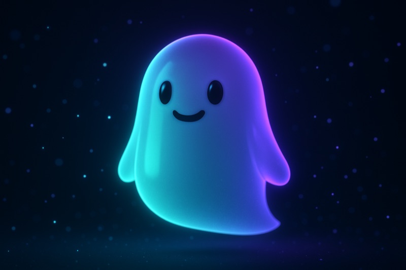 Boo, the friendly LLMBOO ghost mascot, glowing violet and mint